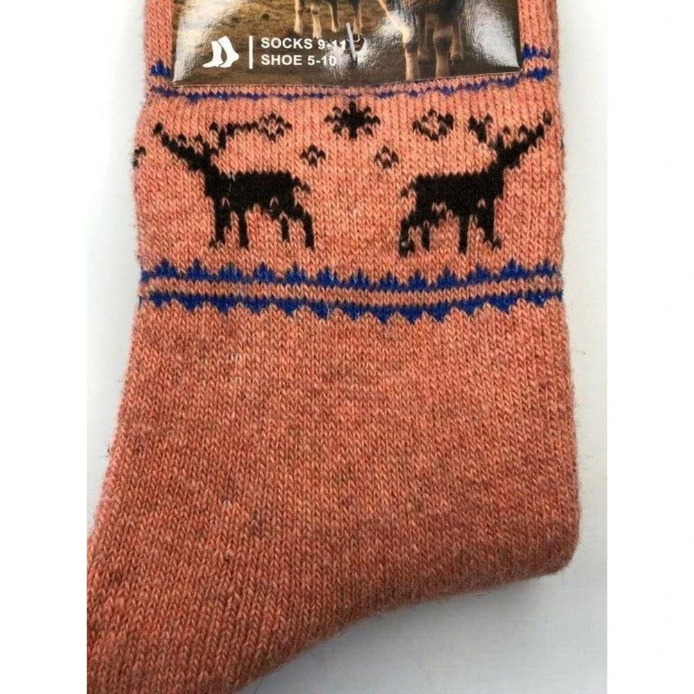 Fair Isle Lamb's Wool Ladies Socks Deer Crew Warm Winter Boot Pink Size 9-11